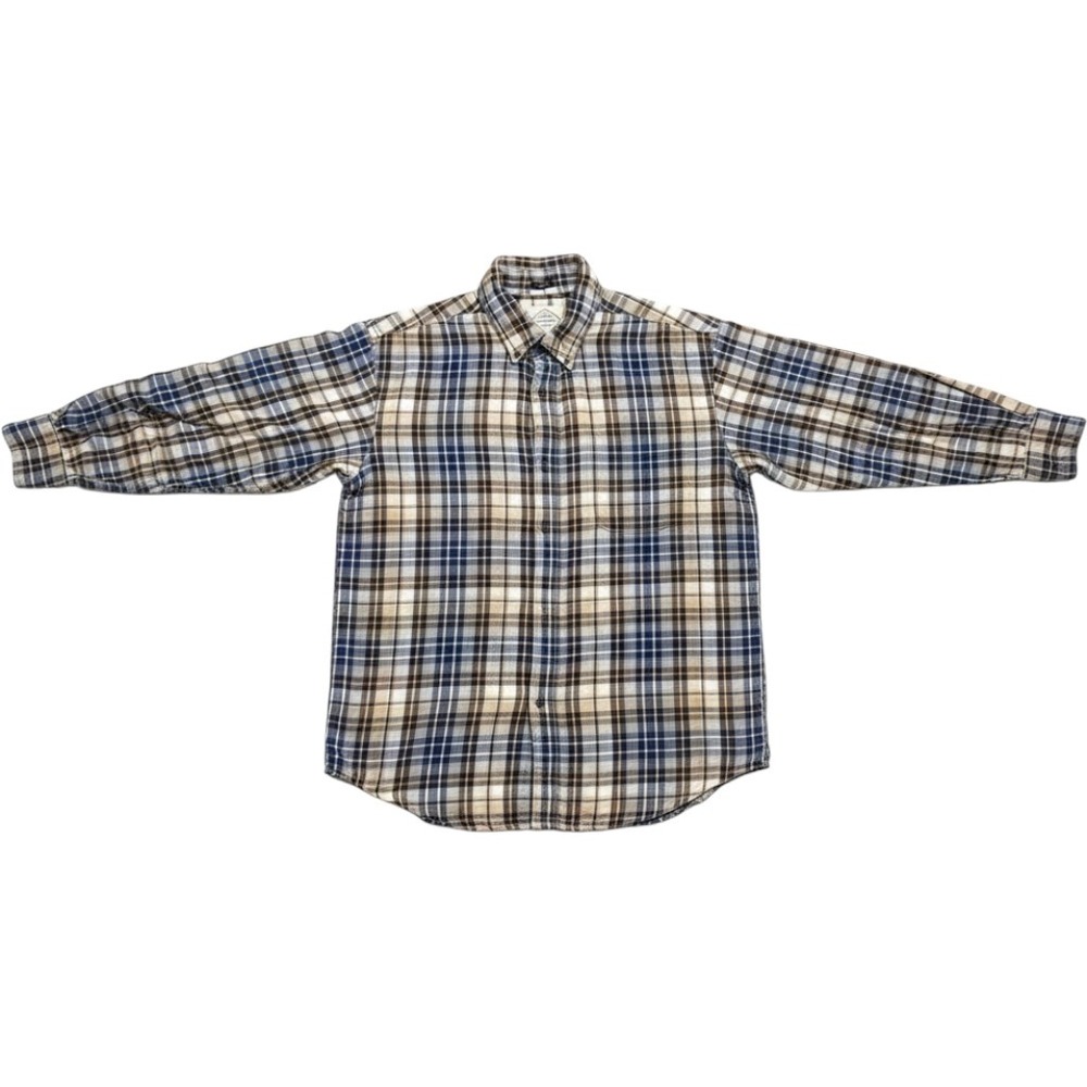 St. Johns Bay Mens Large Blue Brown Plaid Flannel Button Down Shirt Cotton